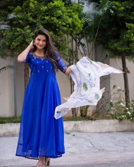 Georgette Embroidered Readymade Blue Gown