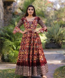 Digital Printed Sequence Embroidered Silk Gown