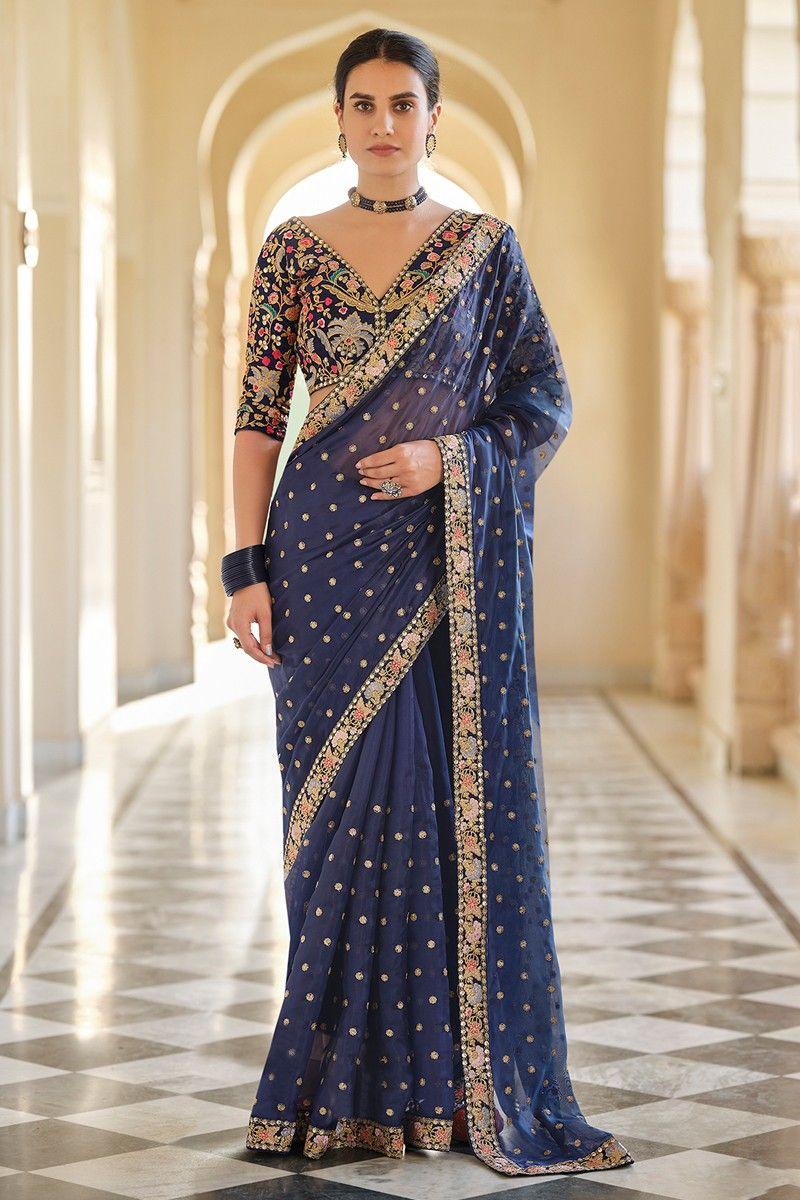Heavy Silk Saree in Powder Blue with Mirror work SARV164127