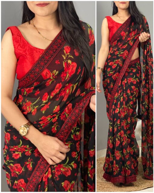 Floral Print With Lace Work Georgette Saree