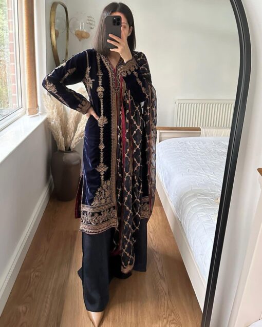 Heavy Velvet Embroidered Top & Velvet Plazzo With Georgette Dupatta 1166